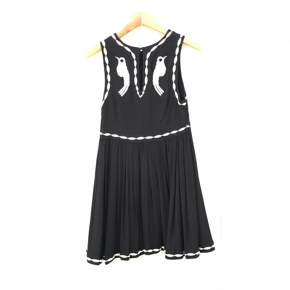 Free People Black Dress with Cream Bird Embroidery